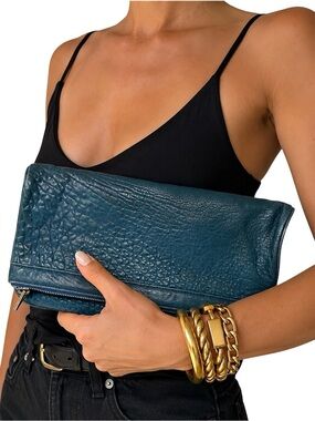 Alexander Wang Dumbo Foldover Clutch Blue Pebbled Leather Oversized Zip Pouch